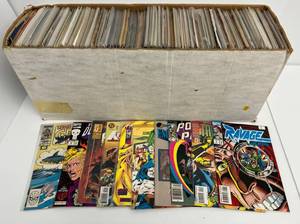 Full Long Box Of Misc. DC & Marvel Comic Books Some In Plastic Bags Some Sleeved And Carded