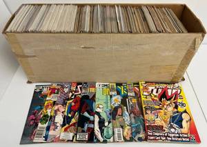 Full Long Box Of Misc. DC & Marvel Comic Books Some In Plastic Bags Some Sleeved And Carded