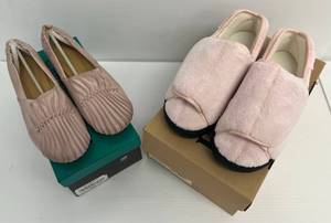Two Pairs Of NIB ShoeSlipper 1 Chocolat Blu Tuck And Roll Wedges Size 8.5 1 Footsmart Pink Wrap Around Slipper 9M