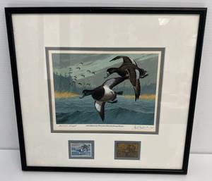 Artist Proof Les C. Kouba Pencil Signed 1978 Minnesota Waterfowl Hunting Stamp Print Framed With Stamp And Branze Stamp