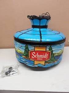 lot 1 image: NEW OLD STOCK - NEVER BEEN OUT OF THE BOX - G. HEILEMAN BREWING CO. SCHMIDT BEER LARGE TIFFANY HANGING LAMP - MINT - FANTASTIC PIECE - APPROX 17 - SEE PICTURES
