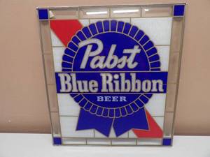 lot 3 image: VINTAGE PABST BLUE RIBBON BEER STAINED GLASS HANGING SIGN - NICE - AWESOME PIECE - APPROX 16 By 18 - SEE PICTURES
