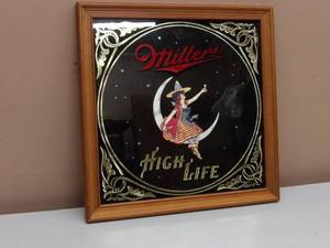 lot 10 image: VINTAGE 1980 MILLER HIGH LIFE LADY ON THE MOON BAR SIGN MIRROR - NICE - GREAT PIECE - APPROX 15 By 15 - SEE PICTURES