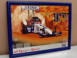 lot 12 image: VINTAGE 1997 MILLER RACING WE RACE FOR BEER BAR SIGN  MIRROR - VERY COOL PIECE - APPROX 26 By 20 - SEE PICTURES