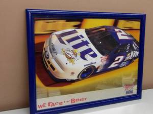 lot 14 image: VINTAGE 1997 MILLER RACING WE RACE FOR BEER BAR SIGN  MIRROR - VERY COOL PIECE - APPROX 26 By 20 - SEE PICTURES
