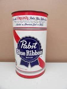 lot 15 image: RARE - VINTAGE PABST BLUE RIBBON Metal Advertising Beer Can Trash Can - AWESOME OLD SCHOOL PIECE - APPROX 14 12 By 8 12 - SEE PICTURES