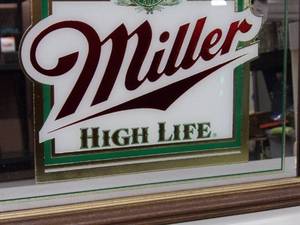 lot 18 image: VINTAGE - NEW OLD STOCK - MILLER HIGH LIFE BAR SIGN  MIRROR - NICE - OLD SCHOOL PIECE - APPROX 21 By 15 - SEE PICTURES