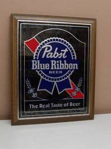 lot 22 image: VINTAGE 1982 PABST BLUE RIBBON BEER THE REAL TASTE OF BEER BAR SIGN  MIRROR  - AWESOME PIECE - APPROX 15 By 19 - SEE PICTURES