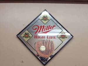 lot 28 image: VINTAGE MILLER HIGH LIFE BASEBALL MIRROR  BAR SIGN - NICE - AWESOME MAN CAVE PIECE - APPROX 13 By 13 - SEE PICTURES