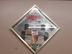 lot 29 image: VINTAGE MILLER HIGH LIFE INDY RACING MIRROR  BAR SIGN - NICE - AWESOME MAN CAVE PIECE - APPROX 14 By 14 - SEE PICTURES