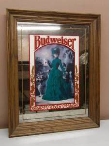 lot 34 image: 1990s BUDWEISER BEER Framed Mirror  Bar Sign, With Vintage Budweiser Girl - GREAT PIECE - NICE - APPROX 18 By 22 - SEE PICTURES