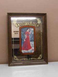 lot 35 image: RARE - 1990s Anheuser-Busch KING OF BEERS Framed Mirror  Bar Sign, With Vintage Budweiser Girl - GREAT PIECE - NICE - APPROX 20 By 26 - SEE PICTURES