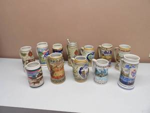 lot 41 image: COLLECTION OF 12 VARIOUS BEER STEIN - MILLER, OLD STYLE, STROHS, BUDWEISER - COOL SET - SEE PICTURES