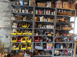 lot 40 image: (3) Metal Garage Shelving units Plus Huge Amount of Paint, Misc. Fluids, Hardware, Parts, Organizer Bins, and More