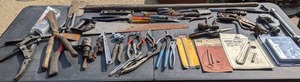 lot 34 image: Lot of Small Hand Tools Screwdrivers, Hedge Trimmers, Wrenches, Saws, Vise Grips, Level (Stanley, Performance Tools, OTC, Oregon)