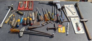 lot 37 image: Assortment of Screwdrivers, Pneumatic Zip Gun, Utility Knife and Blades, Tack Hammer, Small Chisels and Punches, Specialty Tools and More