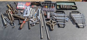 lot 38 image: Collection of Open Ended Wrenches, Socket Sets, Spot Weld Cutter, Circuit Tester, Clamps, and More