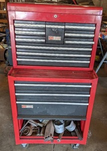 lot 39 image: Craftsman Rolling Tool Chest with Contents Sockets, Gauges, Propane Torch, Tool Handles, Pliers, Grinding Discs, Scrap Metal, and More