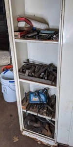 lot 77 image: Four-Shelf Cabinet Plus Contents Metal Scrap, Metal File, and Drill Doctor Bit Sharpener