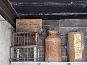 lot 91 image: Antique Milk Churn, Antique Milk Crates, Antique Farmall Box