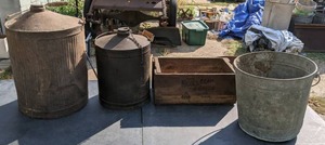 lot 88 image: Vintage Bucket Pride Washing Powder Swift & Company Vintage Nicols, Dean & Gregg Wooden Box (2) Vintage Fuel Tanks