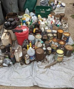 lot 145 image: Extensive Assortment of Paints, Cleaning Products, Chemicals, 3 Tarps, Totes and Baskets