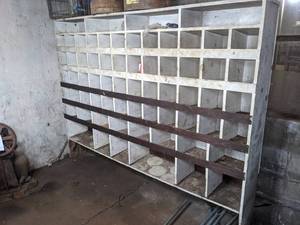 lot 129 image: Large Industrial Wood Shelf with Organizing Compartments