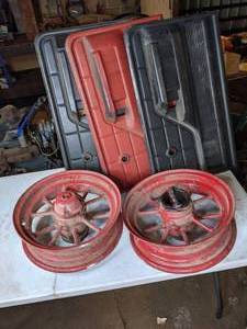 lot 208 image: Vintage (2) Red Spoke Wheels and (3) Interior Car Door Panels