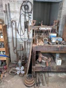 lot 204 image: Vintage Antique Metal Tools - Chains, Large Blade, Oil Filter, Fan, Clock, and More