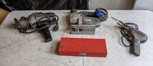 lot 122 image: Assortment of Tools Skil Jigsaw, Soldering Gun, Millers Falls Drill, and Socket Wrench Set