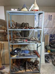 lot 118 image: 5-Tier Industrial Shelf with Large Assortment of Tools Clamps, Wrenches, Funnels, Saws, and More