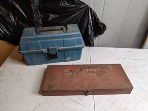 lot 105 image: Blue Toolbox with Copper Colored Fittings, Red Toolbox with Bolts and Other Things