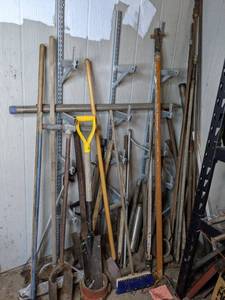 lot 246 image: Assortment of Landscaping Tools Brooms, Shovels, Manual Post Hole Digger and More