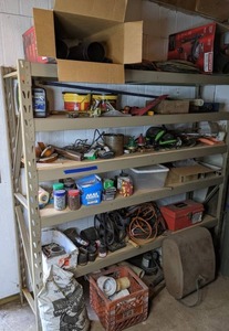 lot 168 image: Set of Stuff  Includes all Shelf Contents-Quikcrete Tubs, Extension Cords, Planing Tool, Nails, Wire Nuts, PVC Pipe, and More