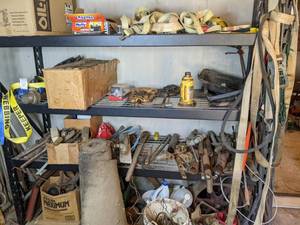 lot 163 image: Set of Stuff  Includes all Shelf Contents-Hardware, Pipe, Metal Scrap, Small Tools, Straps, and More