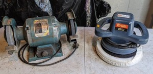 lot 165 image: Vintage Menards 12 HP Electric Bench Grinder and Ryobi Orbital Buffer
