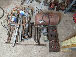 lot 153 image: Portable Air Compression Tank, Pipe Threading Dies, Winch, and Impact Driver Tools