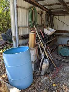 lot 274 image: Assortment of Lawn Tools Rakes, Shovels, Hoses, Fertilizer Spreaders, Rope and More
