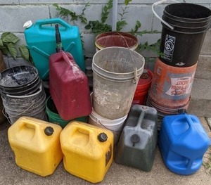lot 170 image: Bountiful Buckets and Cans Plastic 5-Gallon Buckets, Gas Cans, and Metal Buckets