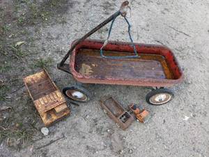 lot 329 image: Vintage Metal Childrens Toys - Assorted Trucks, Red Wagon