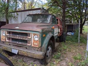 lot 6 image: Vintage 1971 Chevy C50 Pick-Up Chevrolet Truck and Red Pick-Up Truck Body Frame