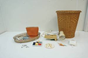 lot 138 image: Wicker trashcan, desk lamp, and dresser mirror