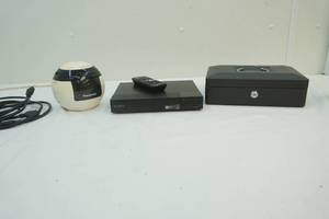 lot 167 image: Lock box, Sony blue ray DVD player, and digital clock radio
