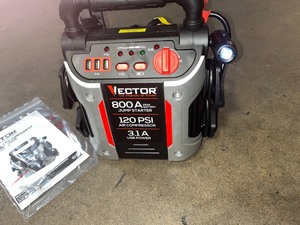 Vector 800 Peak Amp Jump Starter, 120 PSI Air Compressor, Three USB Charging Ports, Rechargeable