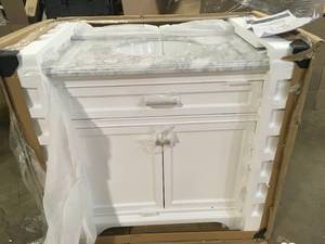 Home Decorators Collection Windlowe 37 in. W x 22 in. D x 35 in. H Bath Vanity in White with Carrera Marble Vanity Top in White with White Sink Customer Returns See Terms on Auction