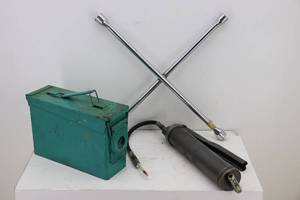 Grease Gun, Tire Iron & Metal Can