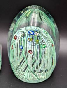 lot 12 image: Pair of Beautiful Millefiori Murano Egg Shape Green Ribbon Glass Paperweights