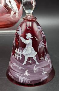 lot 26 image: Vintage Czech Cranberry Glass Bells and Pitcher