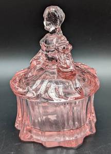 lot 115 image: Vintage Pink Glass Lady Powder Jar
