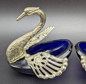 lot 116 image: Pair of Cobalt Glass Swan Salt Cellars